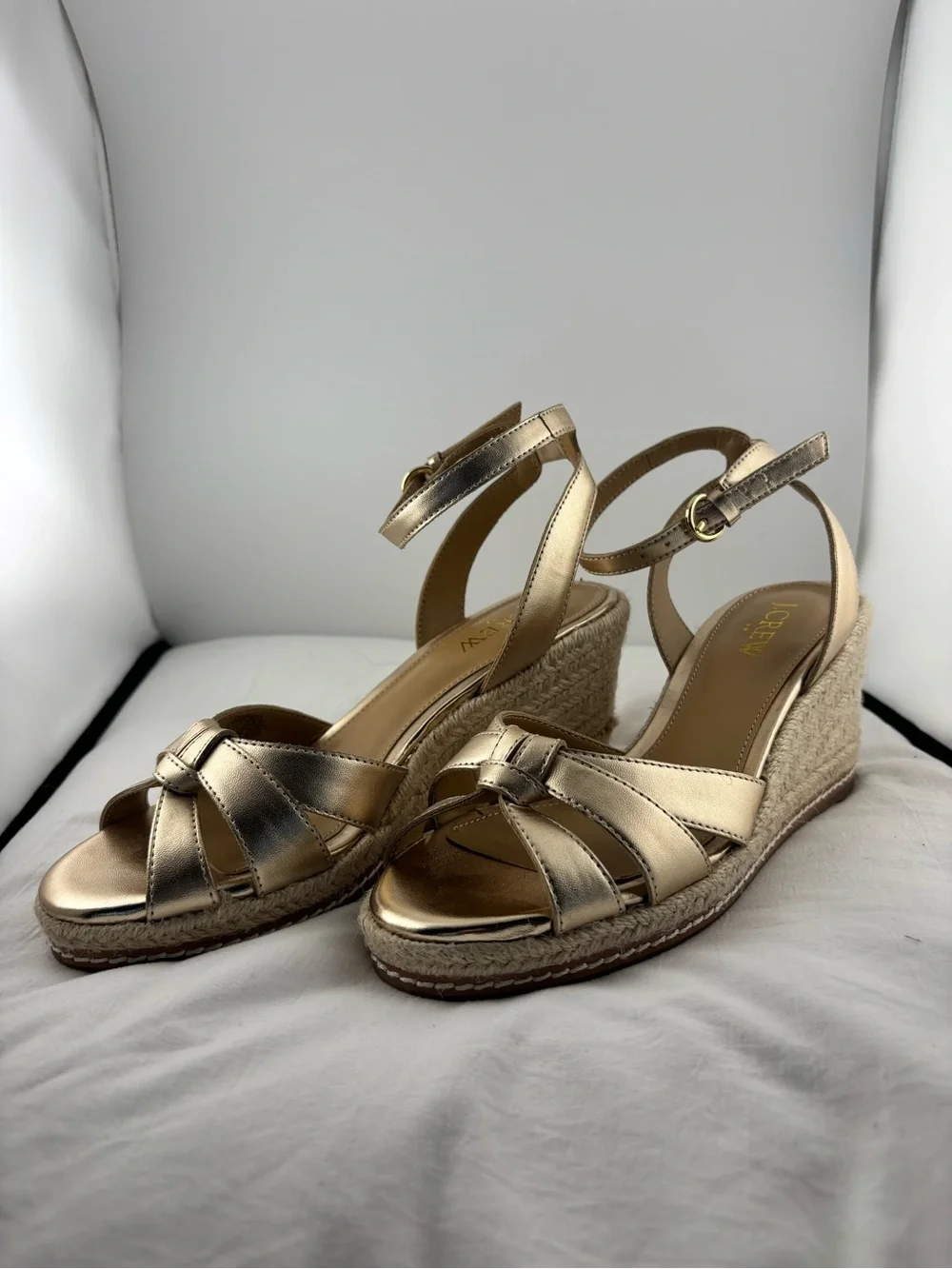 J. Crew Gold Metallic Espadrille Wedge Sandals with Ankle Strap